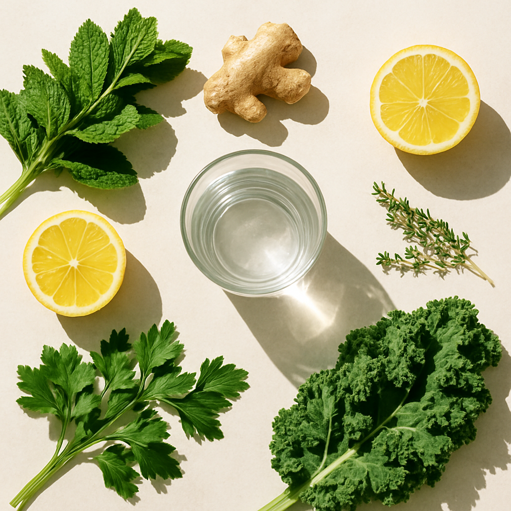 Fresh natural foods and remedies arranged on a bright surface